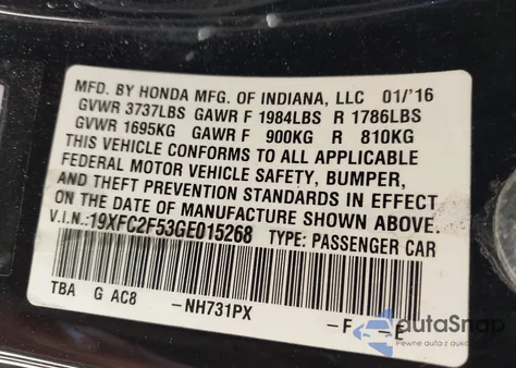 2016 Honda Civic Lx from USA, damaged, VIN 19XFC2F53GE015268